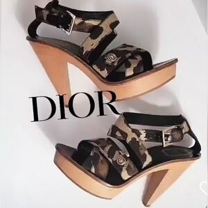 Christian Dior Camouflage Print Wooden Platform  Heel Ankle Strap Heels